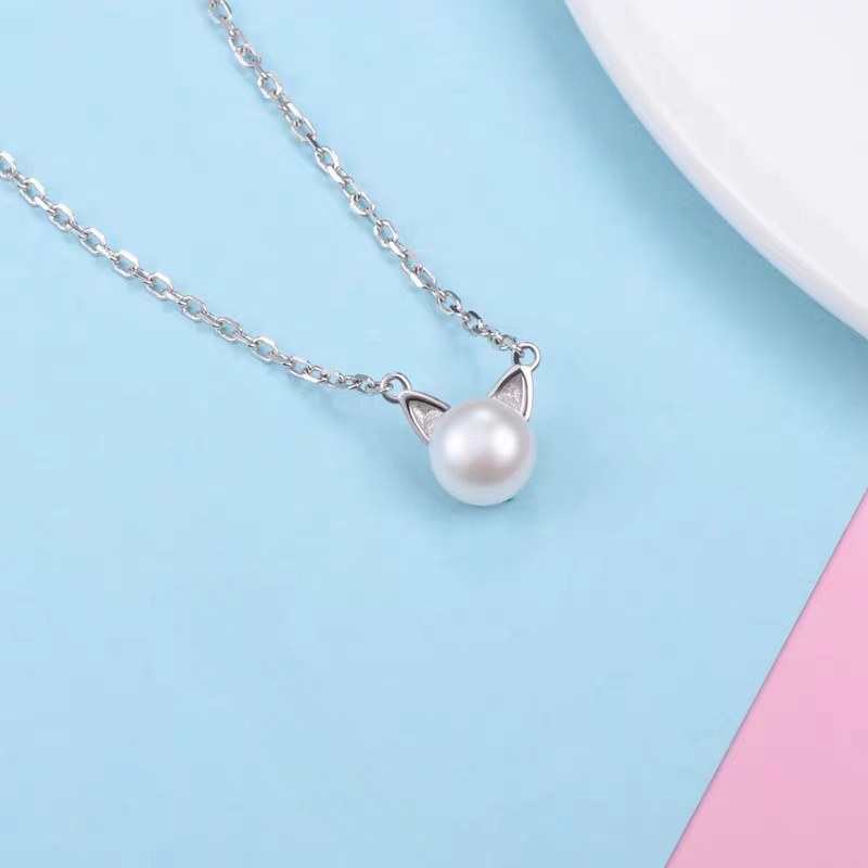 Pearl Trim Chain - Collana con Ciondolo Gatto in Argento